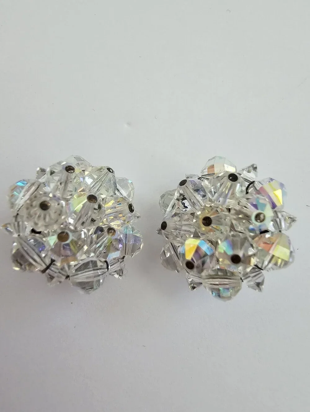 Vintage Laguna AB Crystal Bead Cluster Clip On Earrings Signed Mid Century​